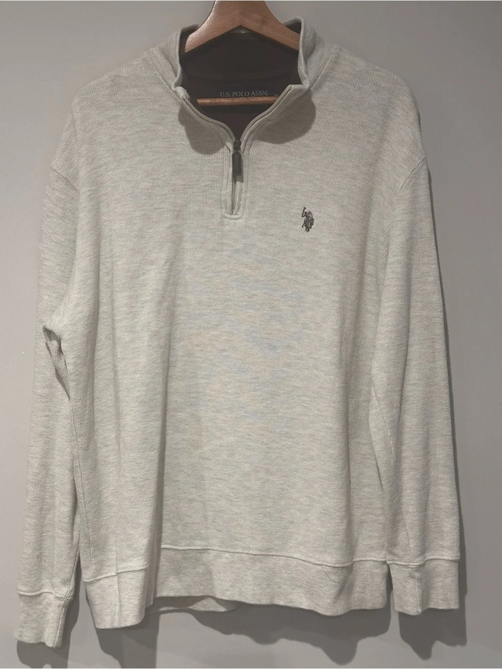 S. Polo Assn. Men’s XL Quarter Zip Pullover Sweatshirt Beige Cotton Blend Logo